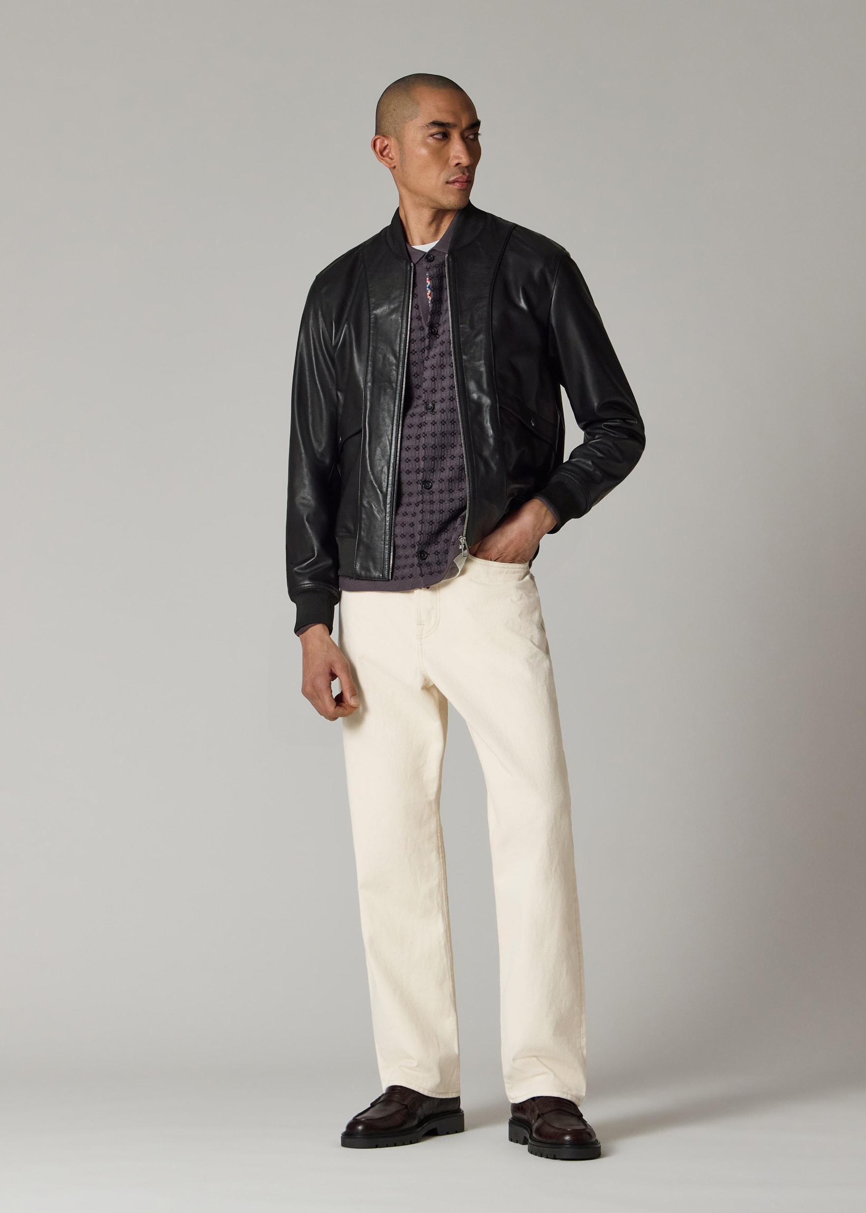 ジャケット・アウター Paul Smith cut-off leather jacket riri Men's Black Leather Zip-Front Bomber Jacket