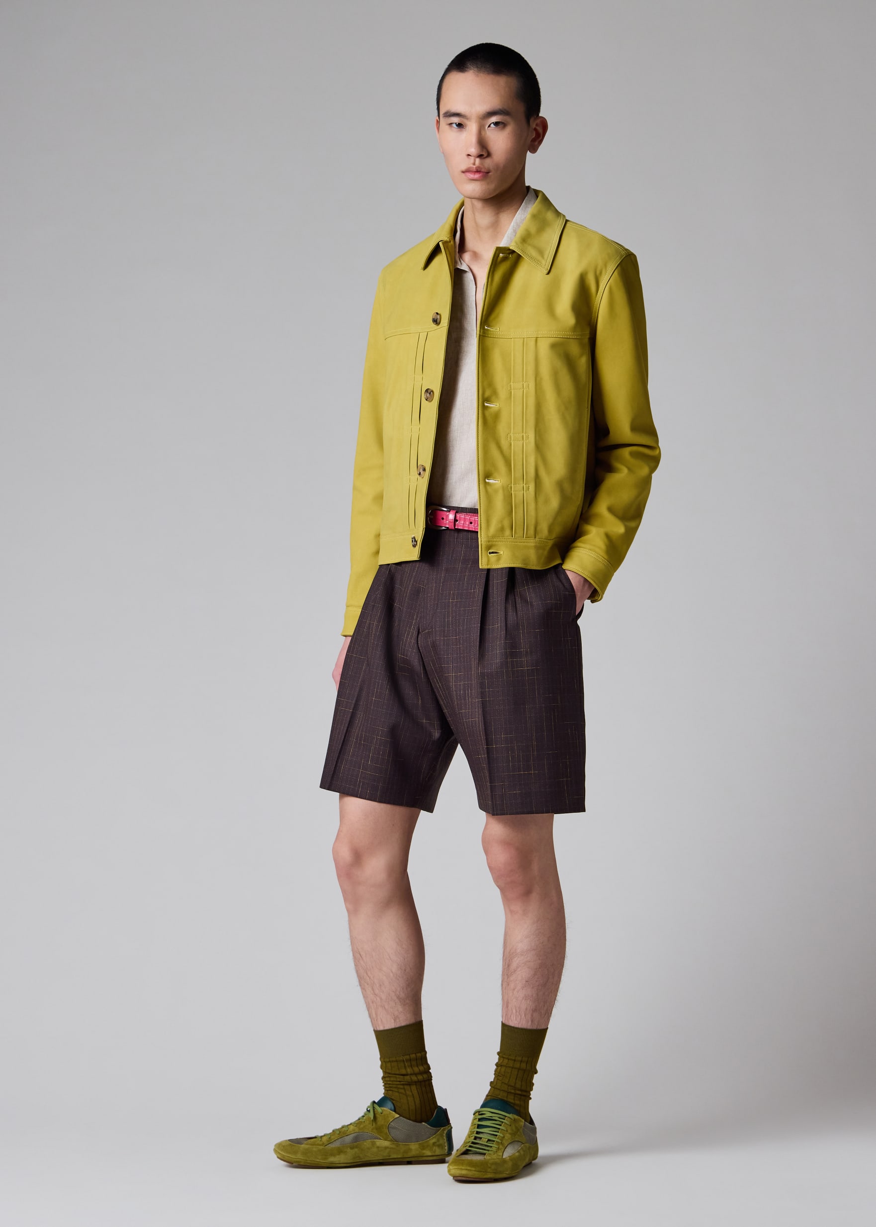 Men's Yellow Nubuck Leather Pleated Trucker Jacket