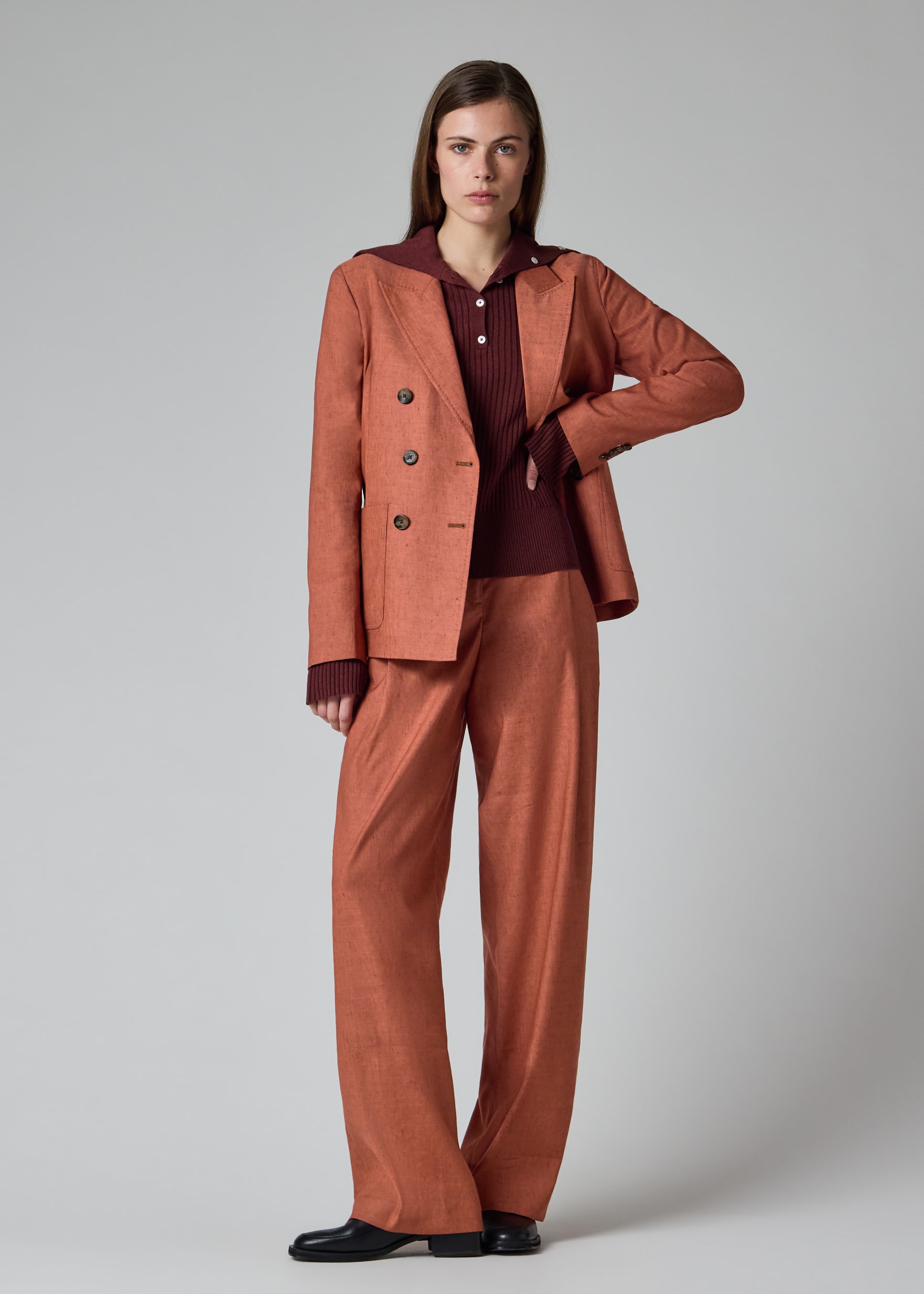 Women's Rust Linen-Wool Blend Wide-Leg Trousers