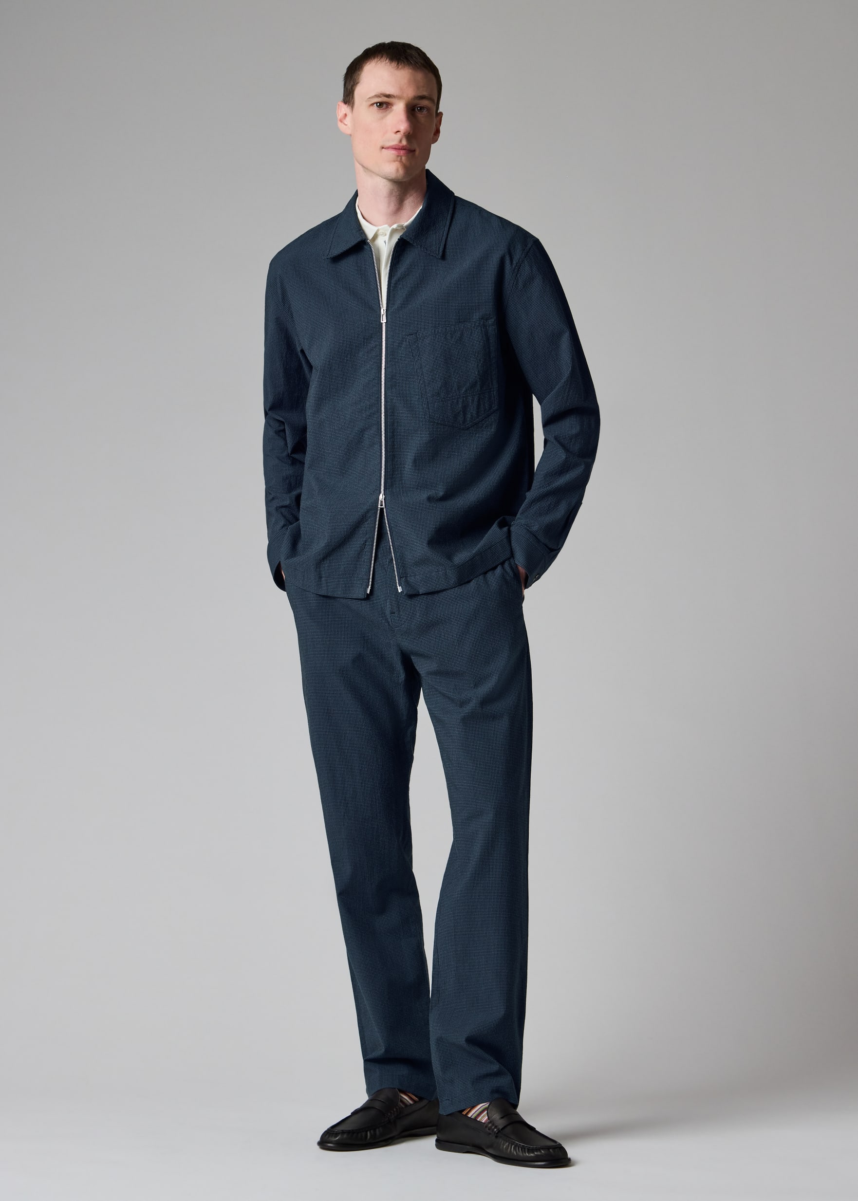 Men's Blue Seersucker Check Zip Shirt Jacket