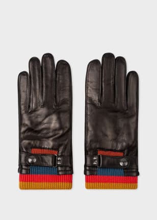 Front View - Black Leather 'Artist Stripe' Cuff Gloves Paul Smith