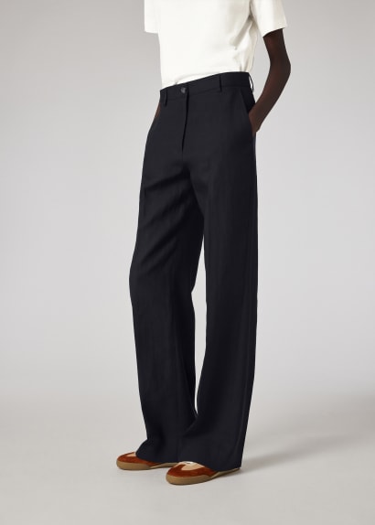 Model View - Dark Navy Linen Wide-Leg Trousers