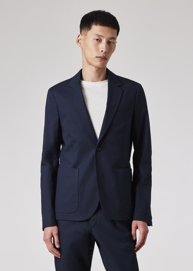 Model View - Mid-Fit Navy Stretch Organic Cotton Suit by Paul Smith