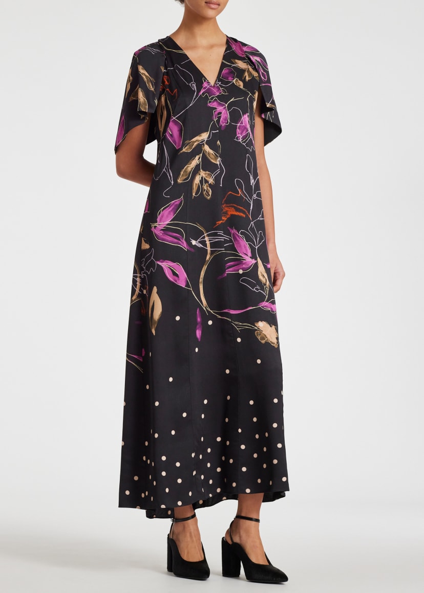 Model View - Women's Black 'Ink Floral' Maxi Dress Paul Smith