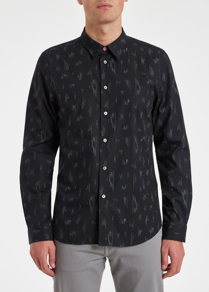 Model View - Tailored-Fit Black 'Line' Print Organic Cotton Shirt Paul Smith