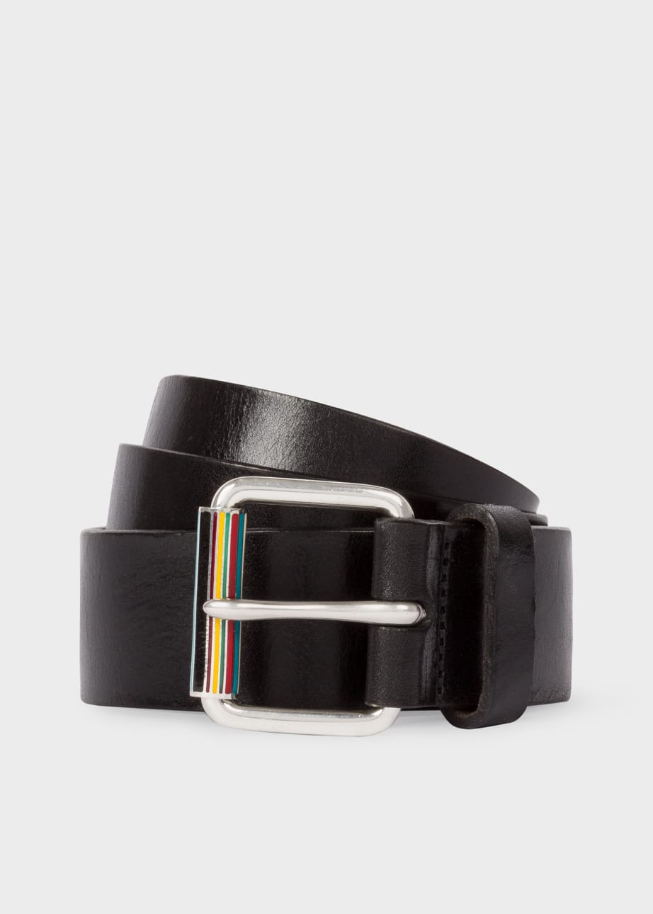 Men s Black Leather Belt With Signature Stripe Roller