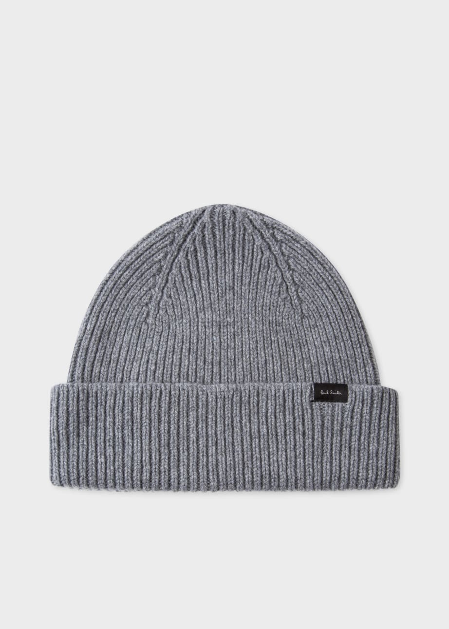 Front View - Grey Cashmere-Blend Ribbed Beanie Hat Paul Smith