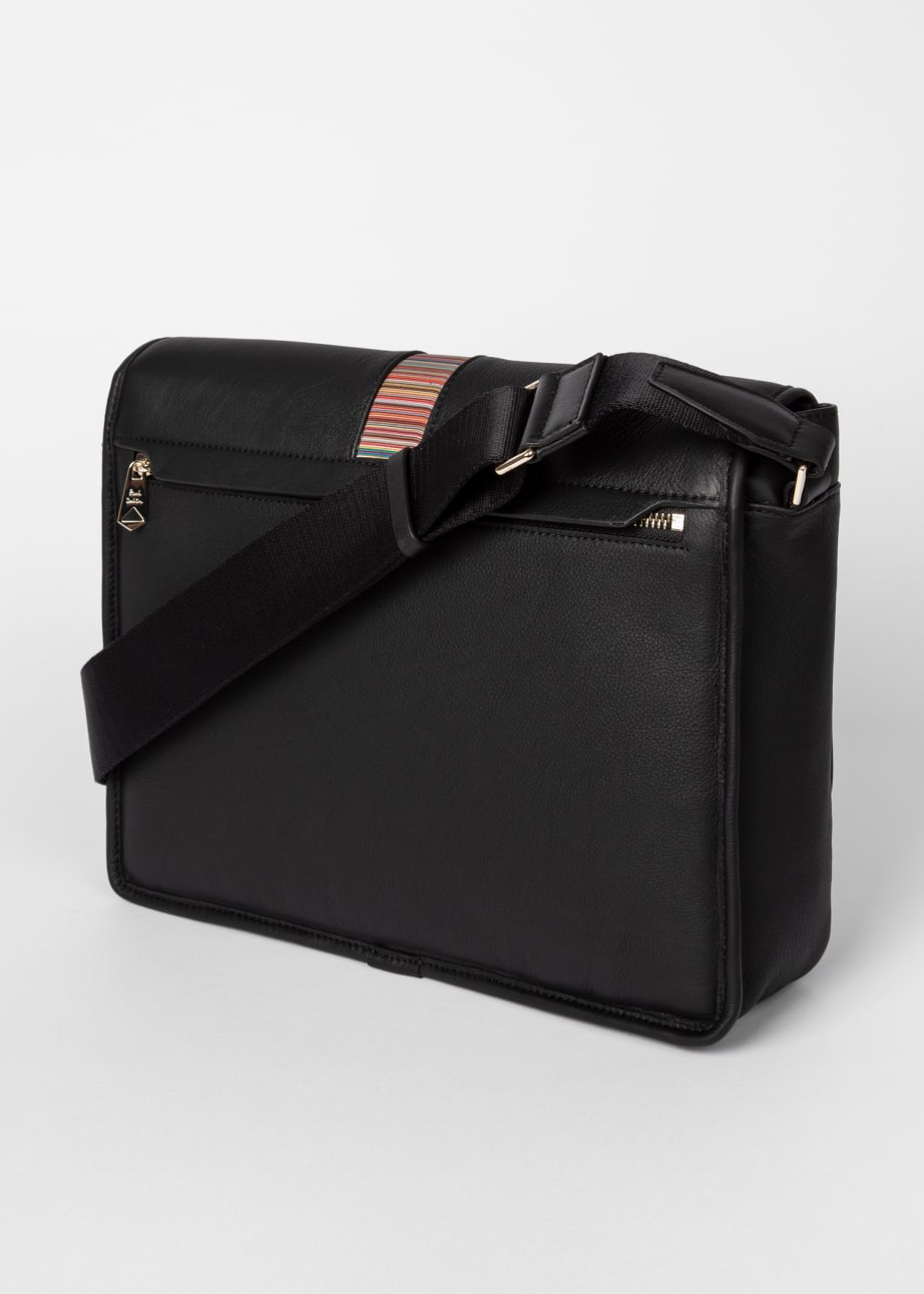 Detail View - Black Leather 'Signature Stripe' Messenger Bag Paul Smith