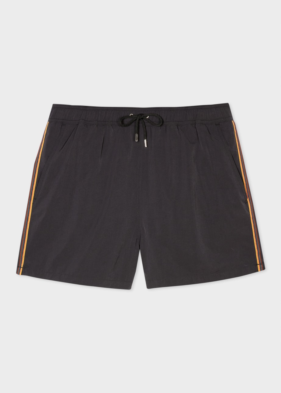 Front View - Black Swim Shorts With 'Artist Stripe' Trim Paul Smith