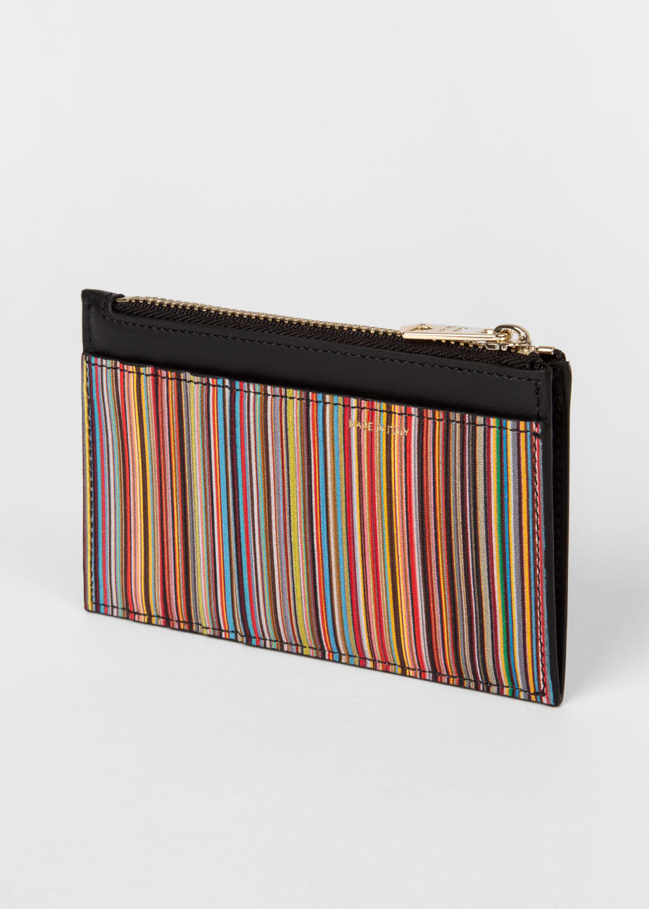 Side View - Black 'Signature Stripe' Leather Zip Pouch Paul Smith