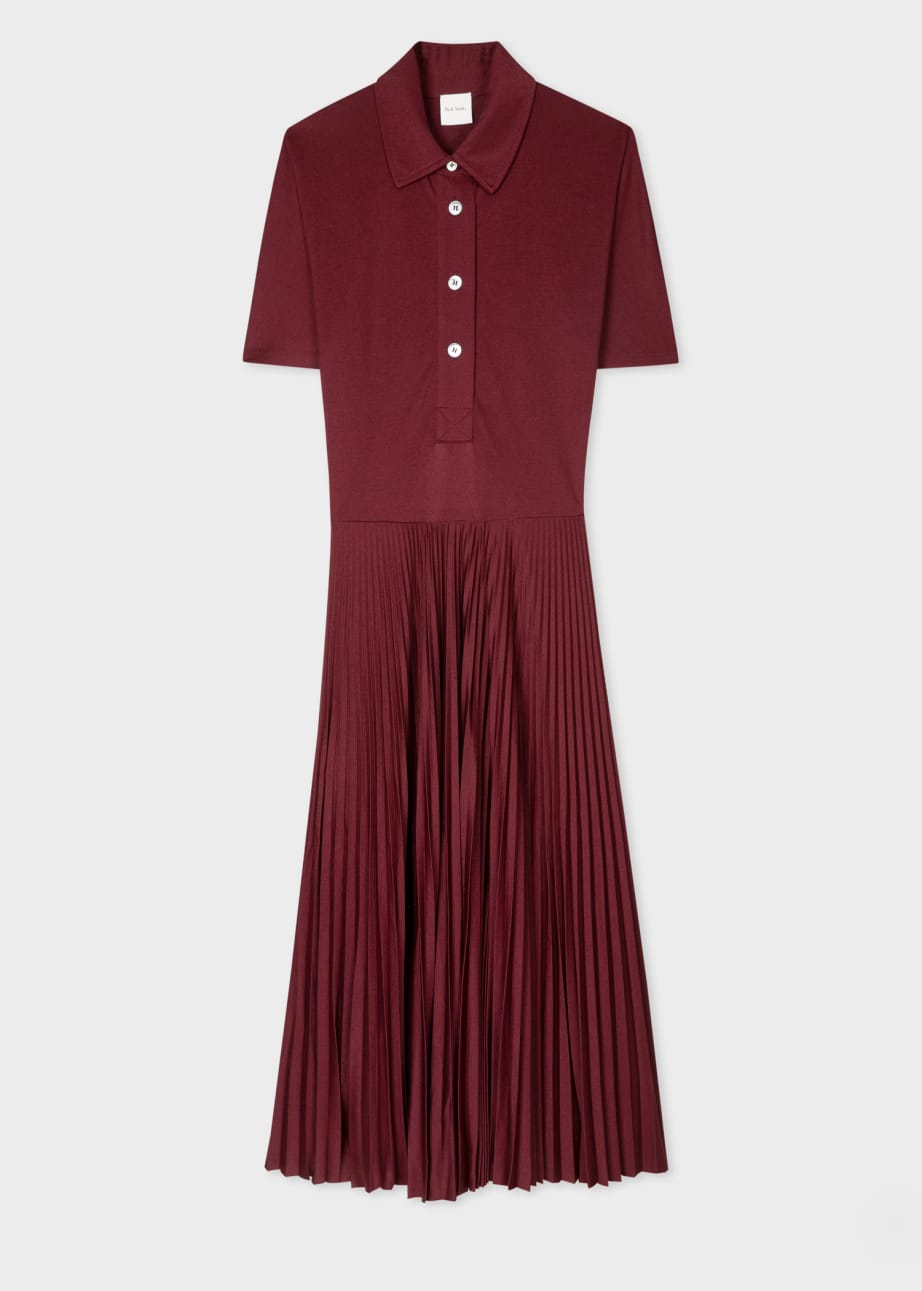 Women's Burgundy Plain Jersey Pleated Shirt Dress