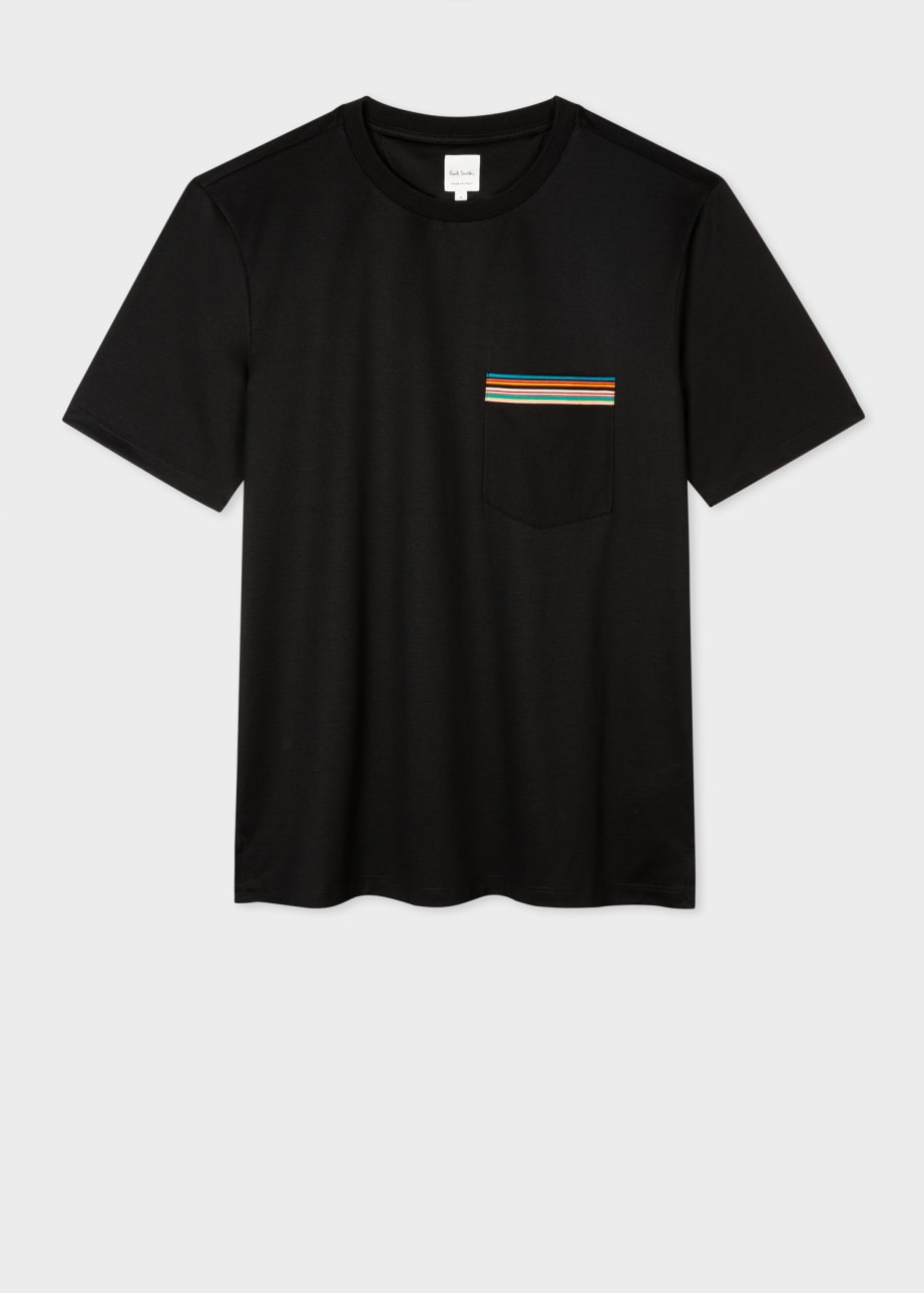 Front View - Black 'Signature Stripe' Pocket T-Shirt Paul Smith
