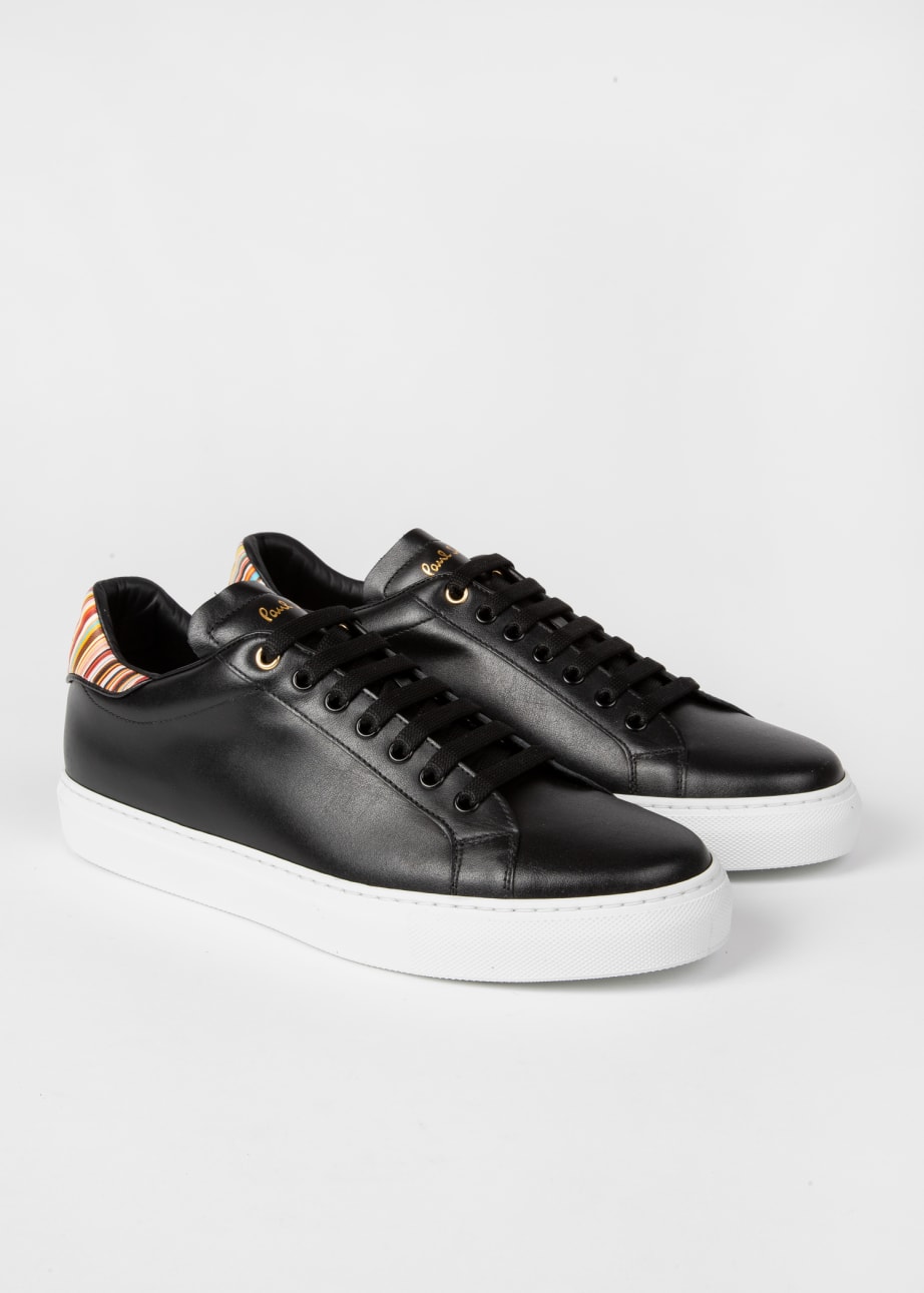 Pair View - Black Leather 'Beck' Trainers With 'Signature Stripe' Heel Panels Paul Smith