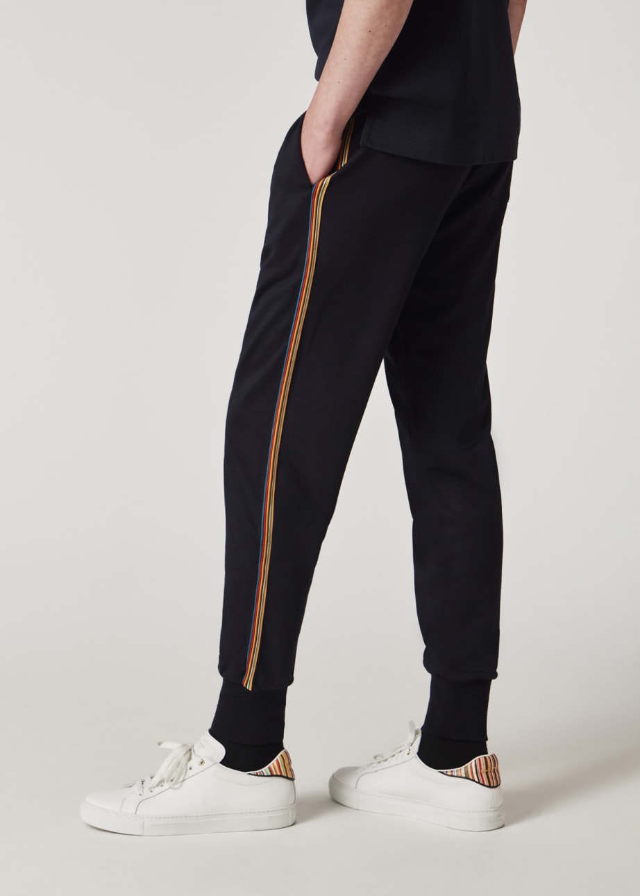 Model View - Tapered-Fit Navy Washable Wool 'Signature Stripe' Sweatpants Paul Smith