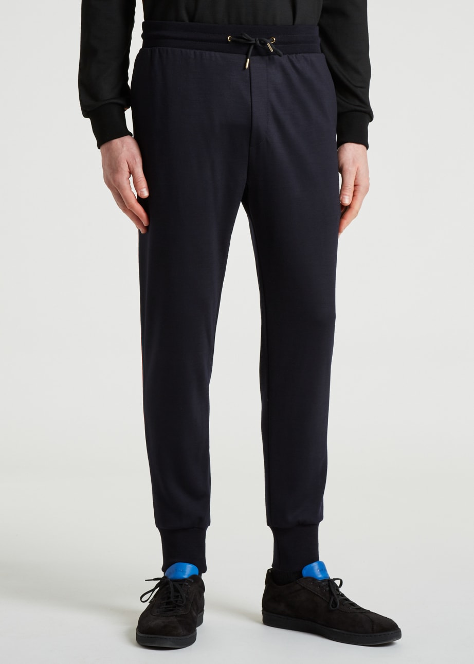 Model View - Tapered-Fit Navy Washable Wool 'Signature Stripe' Sweatpants Paul Smith