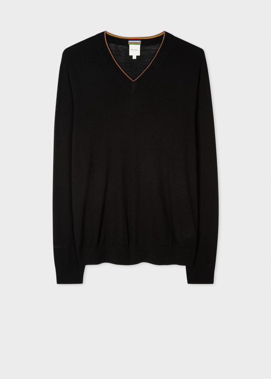 Front View - Black V-Neck Merino Wool Sweater Paul Smith