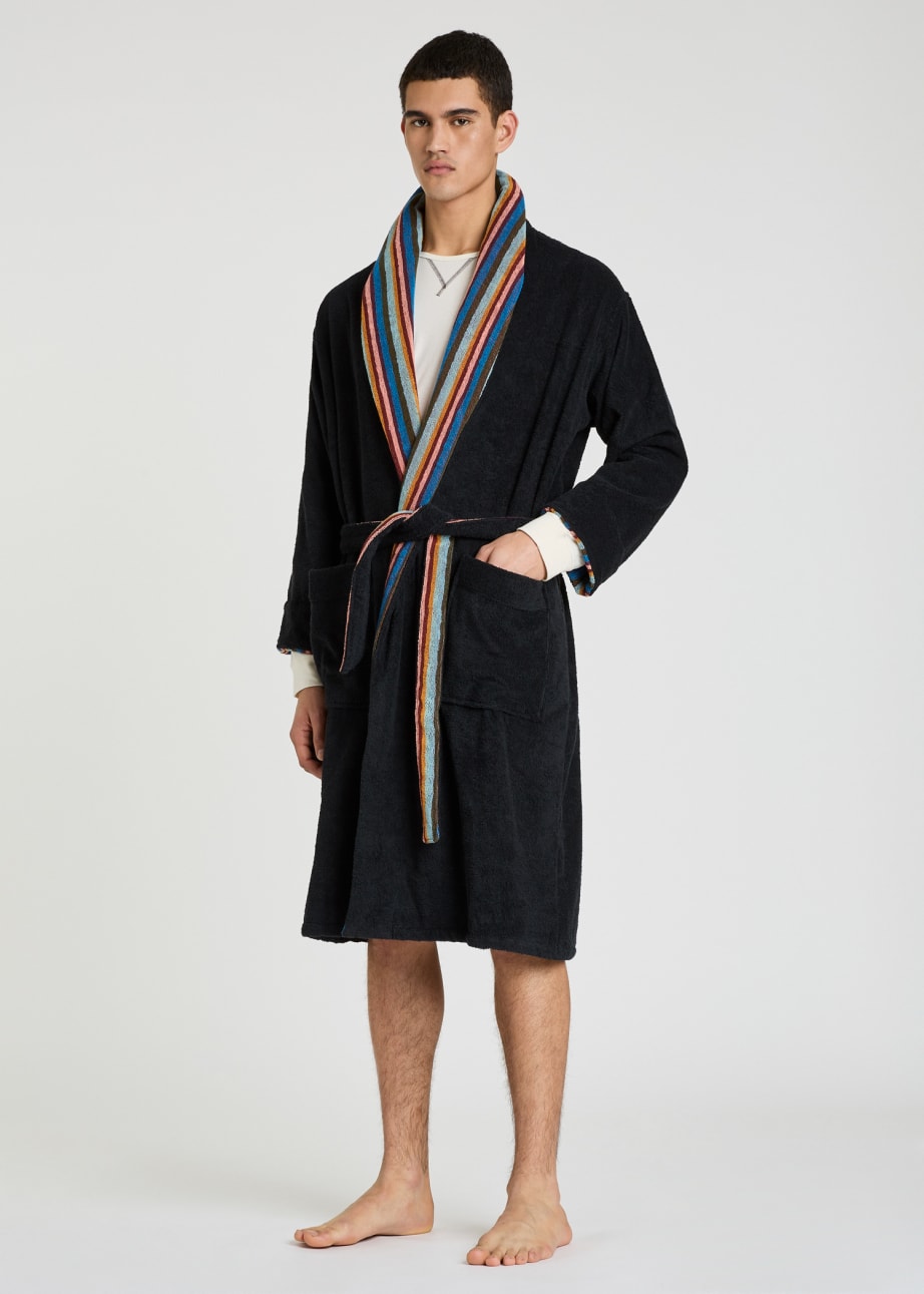 Model View - Black 'Artist Stripe' Towelling Dressing Gown Paul Smith