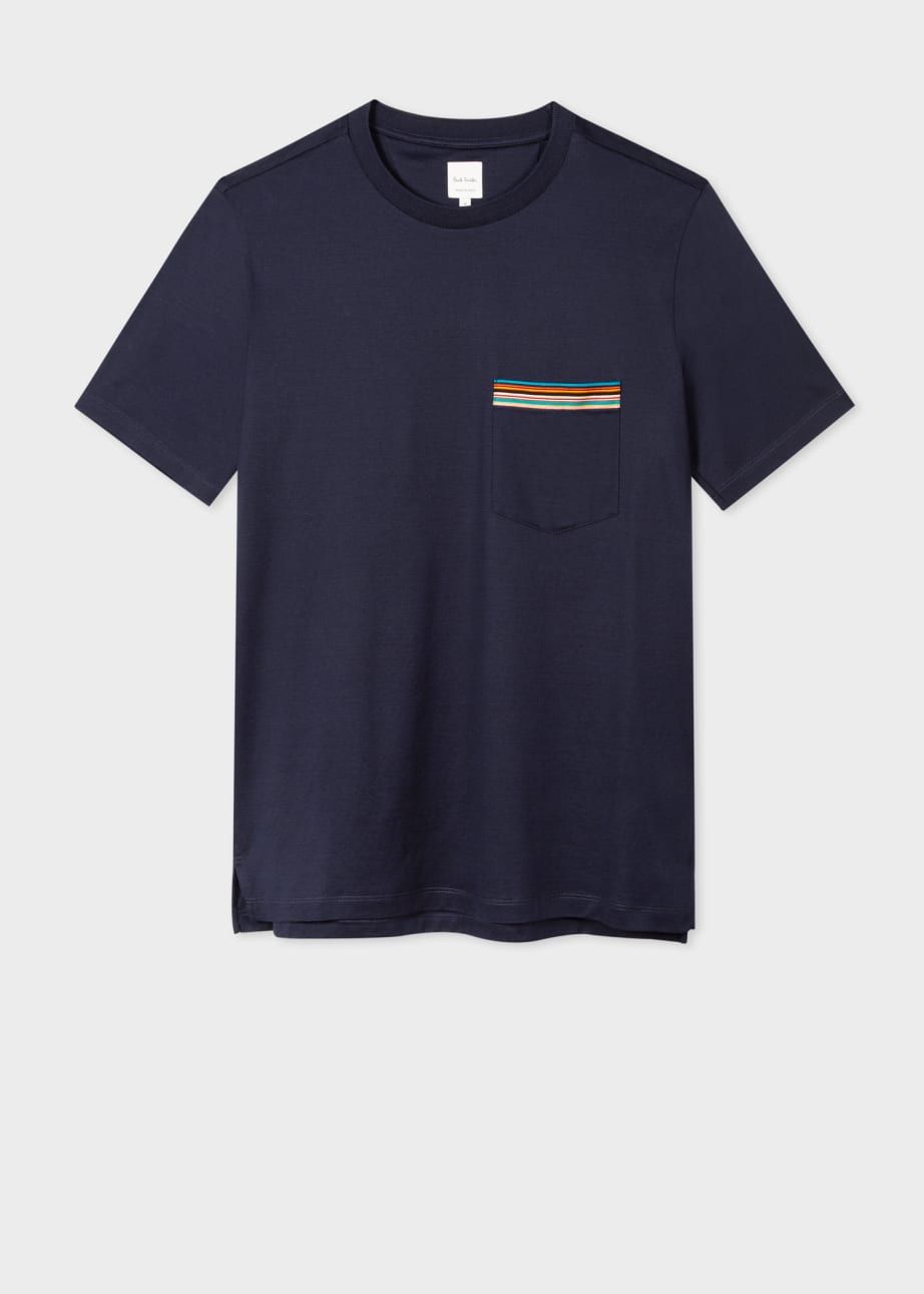 Front view - Navy 'Signature Stripe' Pocket T-Shirt Paul Smith