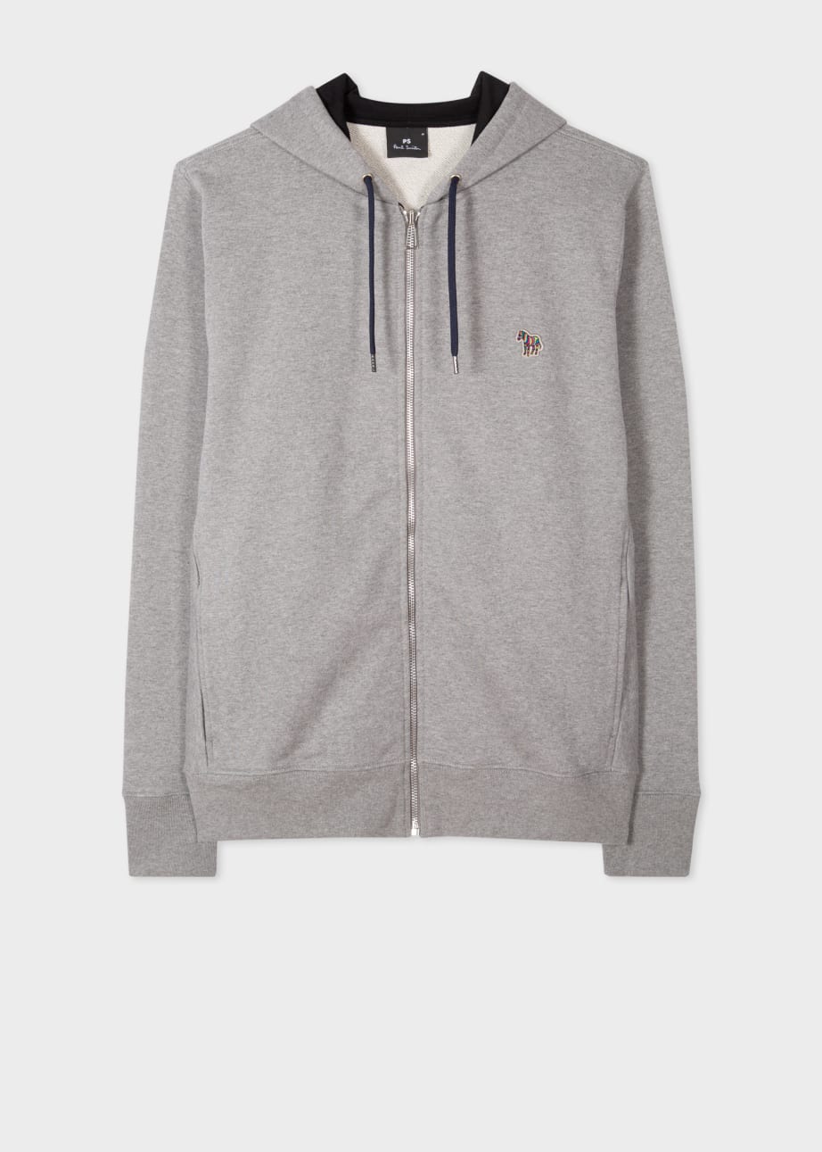 Grey Cotton Zip Front Zebra Logo Hoodie