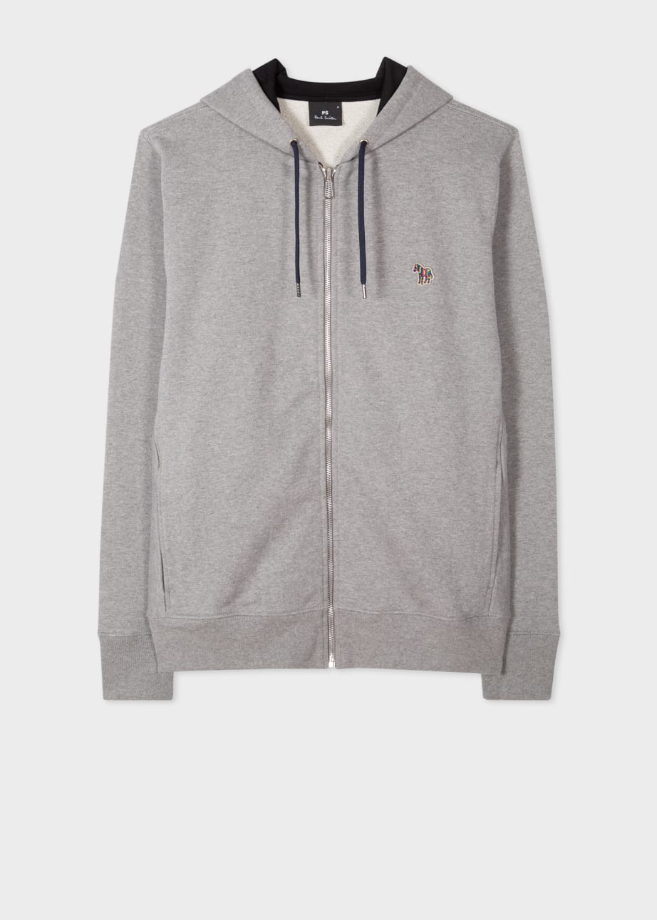 Front View - Grey Cotton Zip-Front Zebra Logo Hoodie