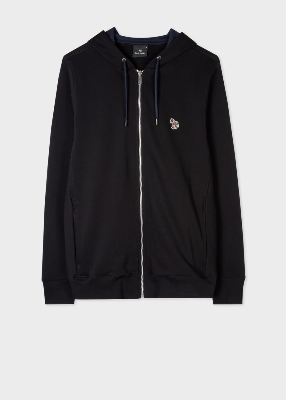 Front View - Black Cotton Zip-Front Zebra Logo Hoodie Paul Smith