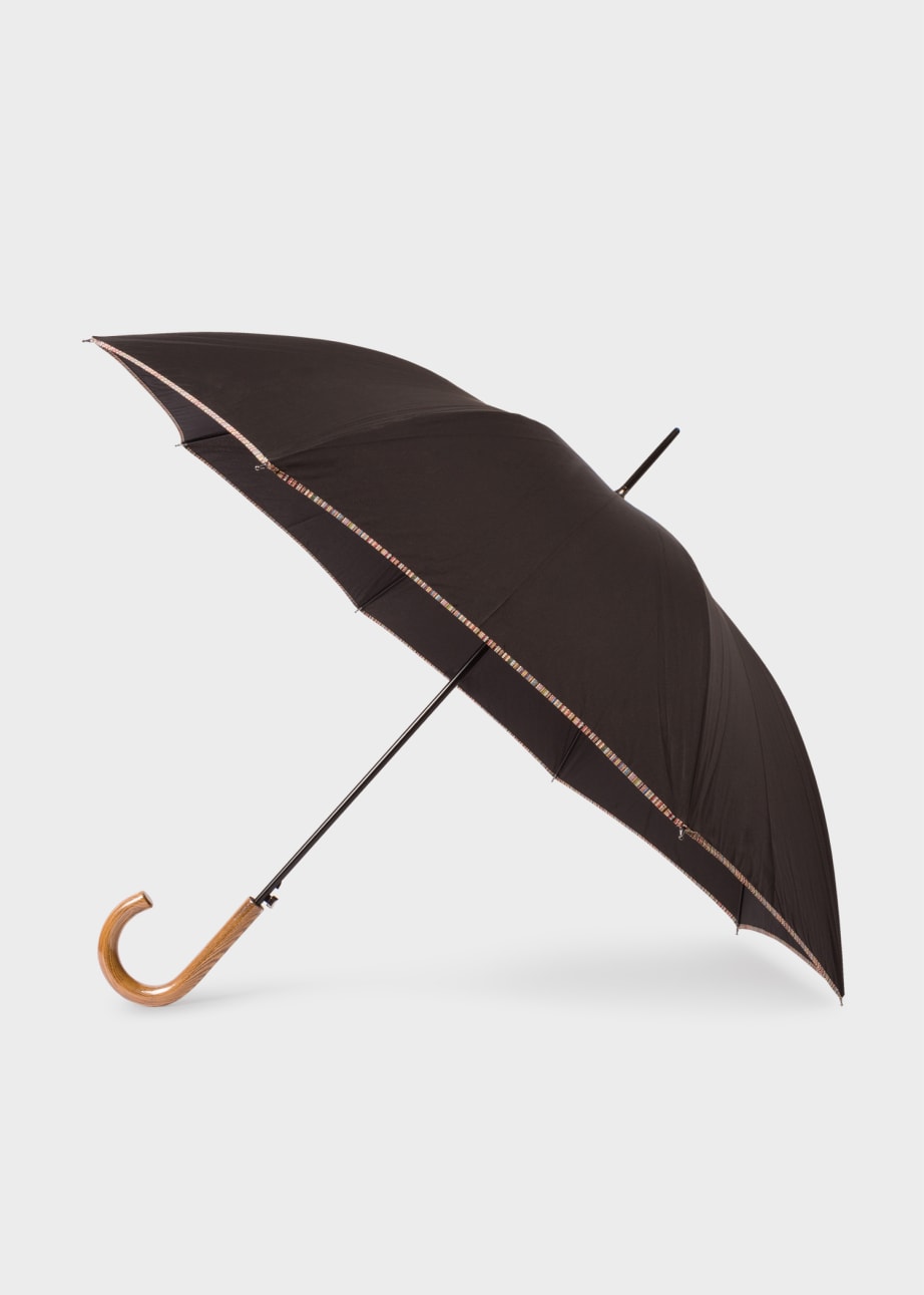 Front View - Black 'Signature Stripe' Border Walker Umbrella With Wooden Handle Paul Smith