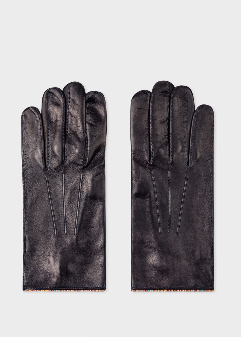 Front View - Navy Leather Gloves With 'Signature Stripe' Piping Paul Smith