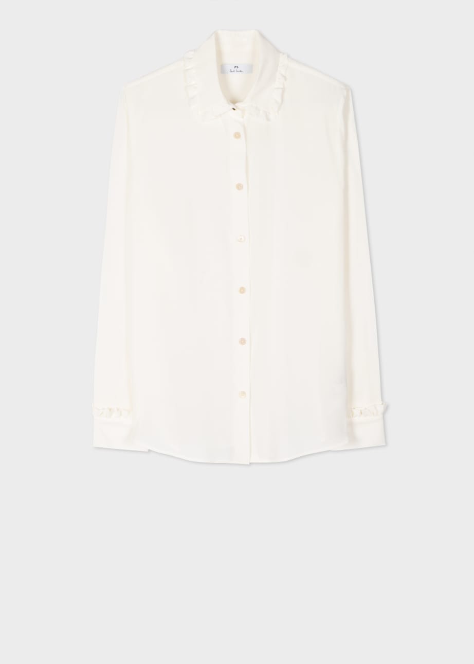 Women's Cream Silk-Blend Frill Collar Shirt