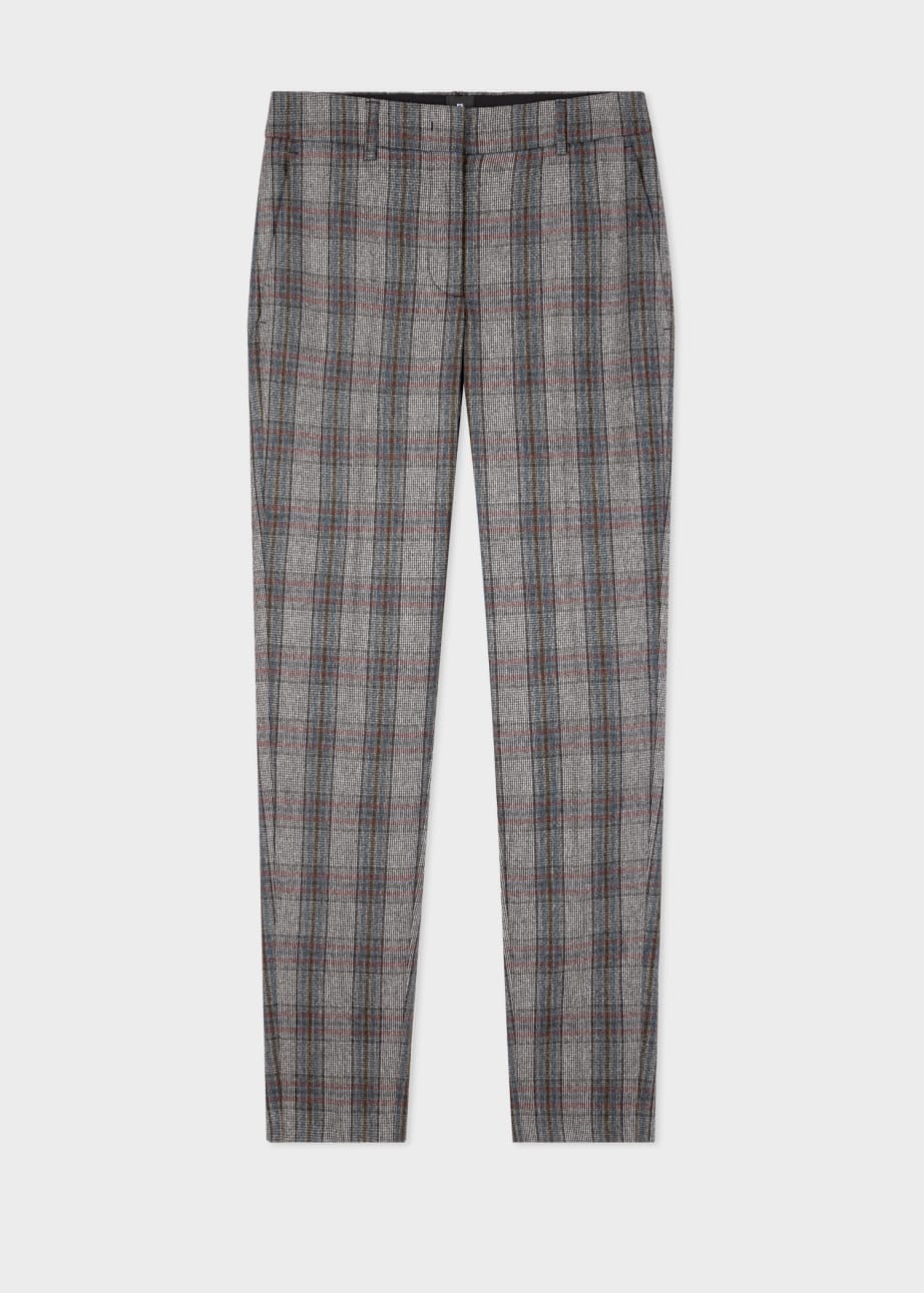 Women's Grey Wool-Stretch Check Flannel Trousers