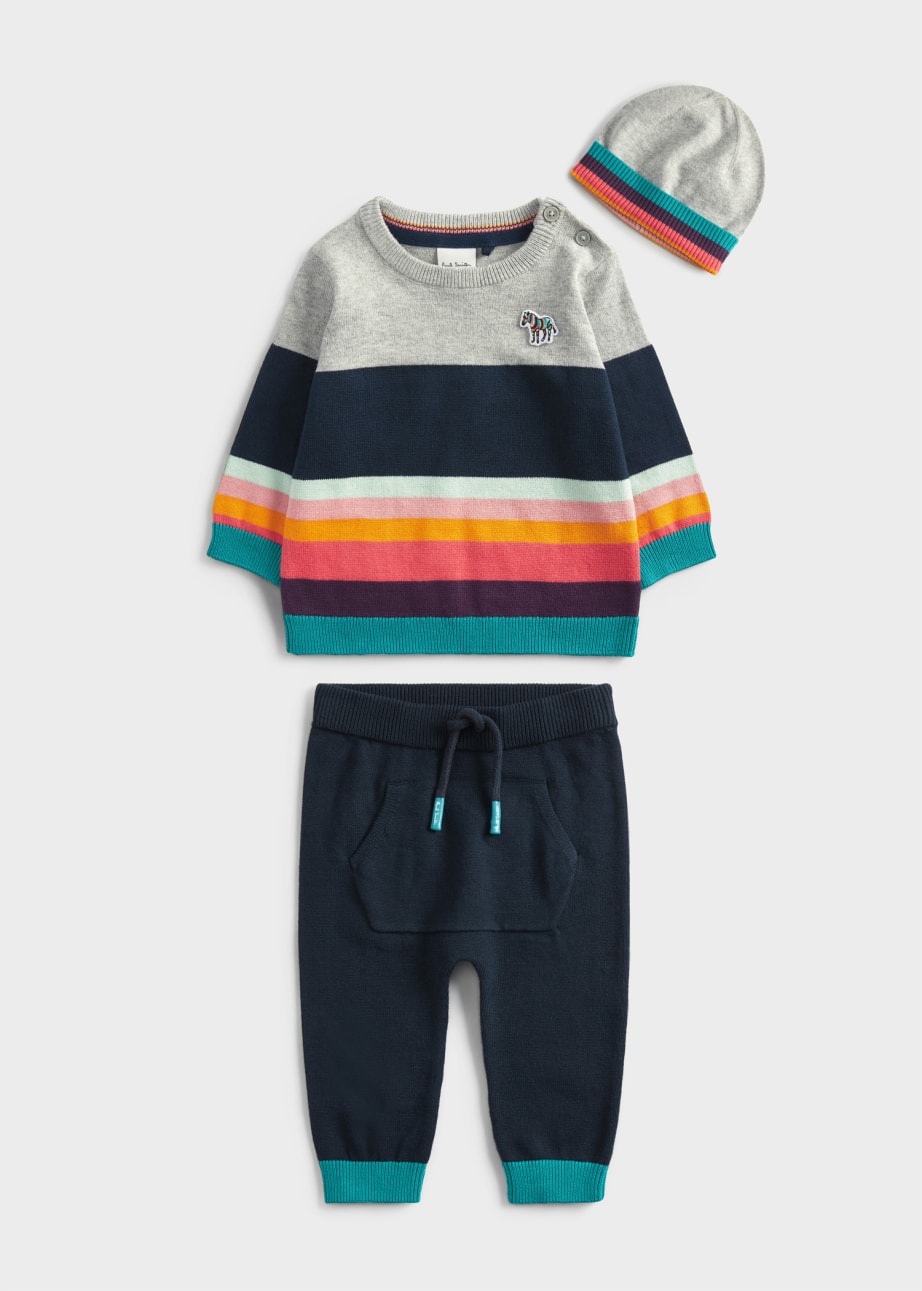 Front View - Babies Knitted 'Artist Stripe' Jumper & Sweatpants Set with Hat Paul Smith