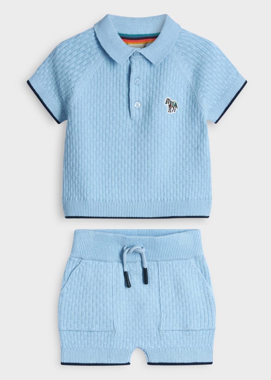 Front View - Babies Blue Knitted T-Shirt & Shorts Set Paul Smith