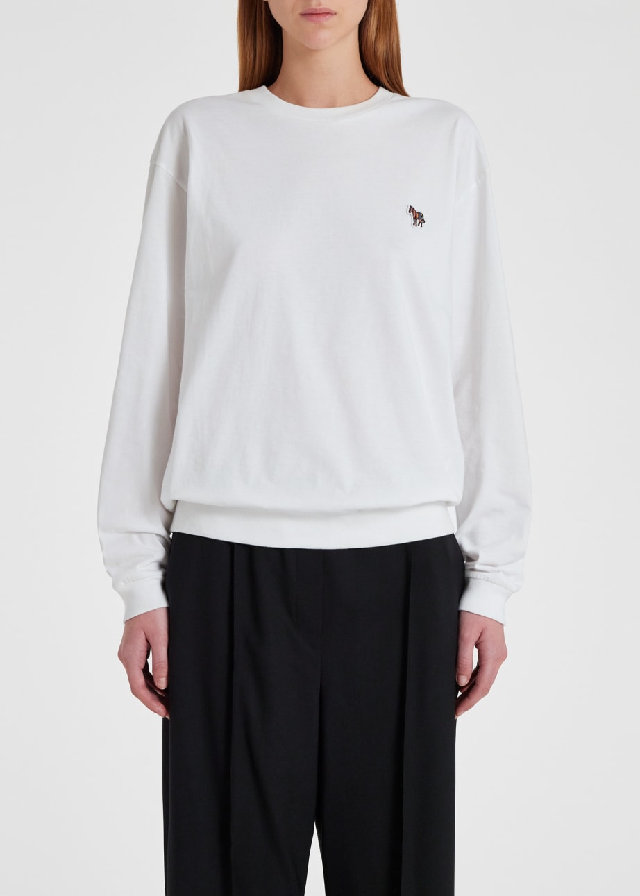 Model View - Women's White Cotton Long-Sleeve Zebra T-Shirt by Paul Smith