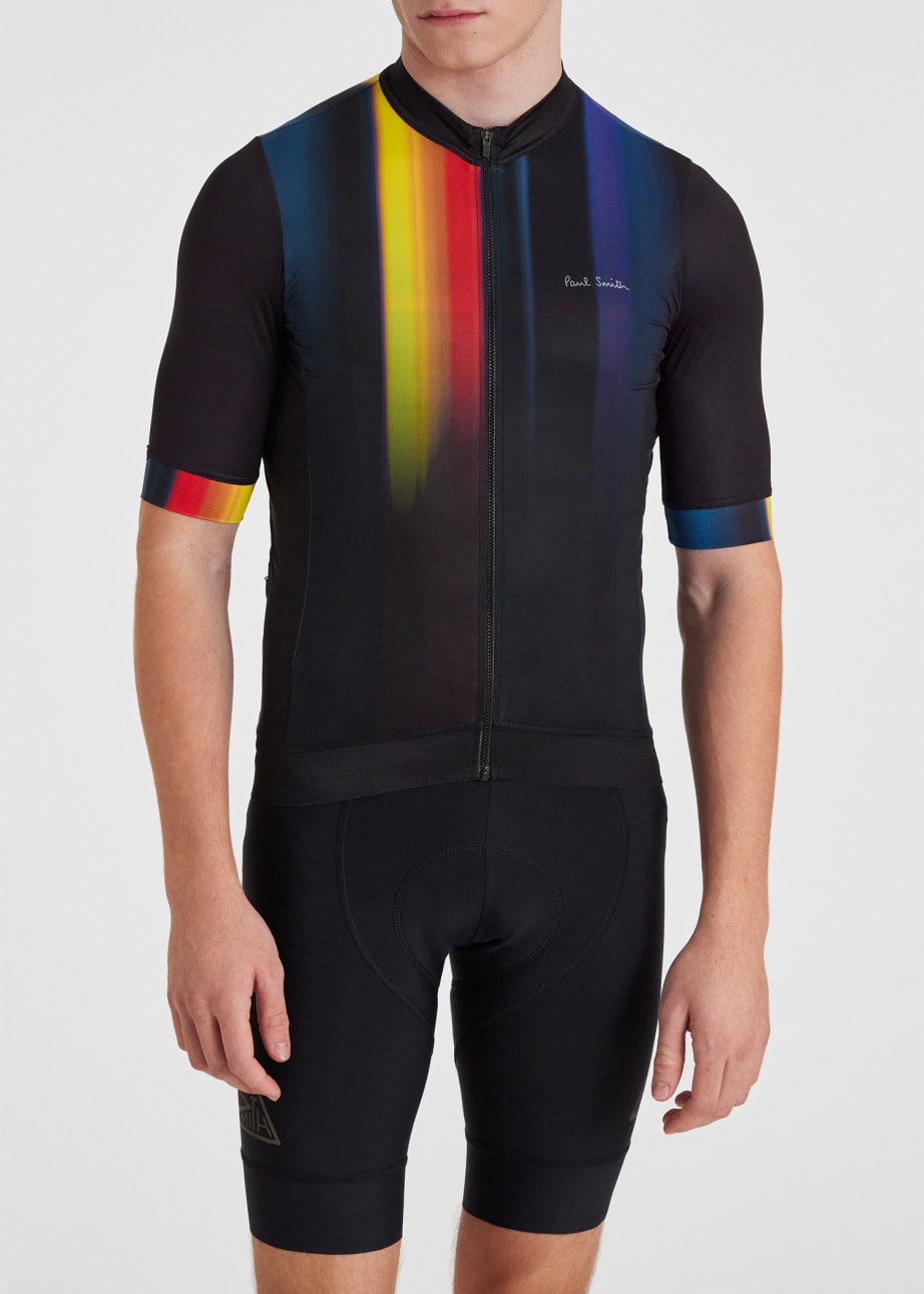 Model View - Men's Black Race Fit Cycling Jersey With 'Artist Stripe' Fade Paul Smith