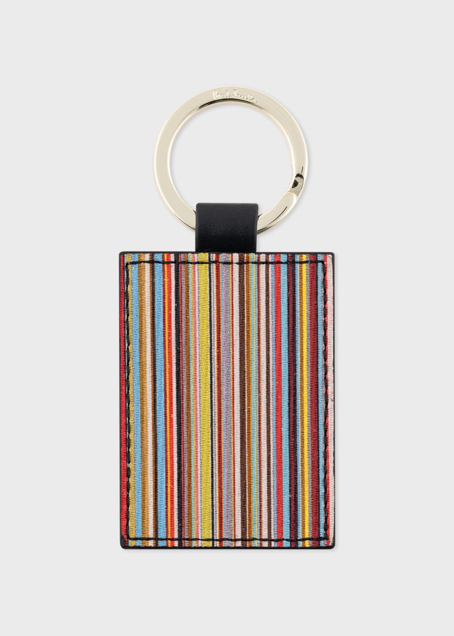 Front View - Black Calf Leather 'Signature Stripe' Keyring Paul Smith