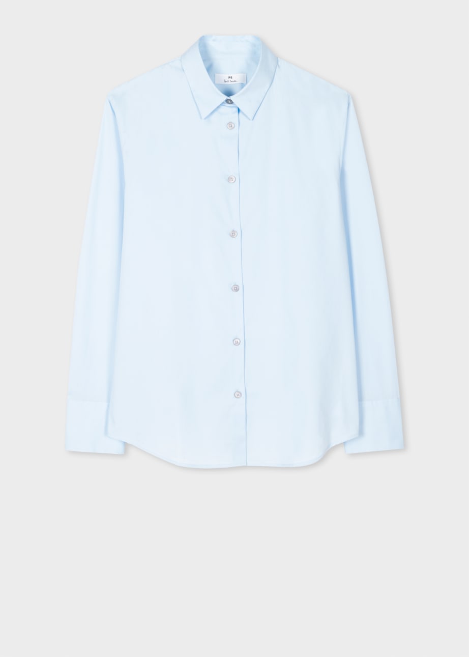 Model View - Women's Light Blue Cotton 'Spray Swirl' Cuff Shirt by Paul Smith