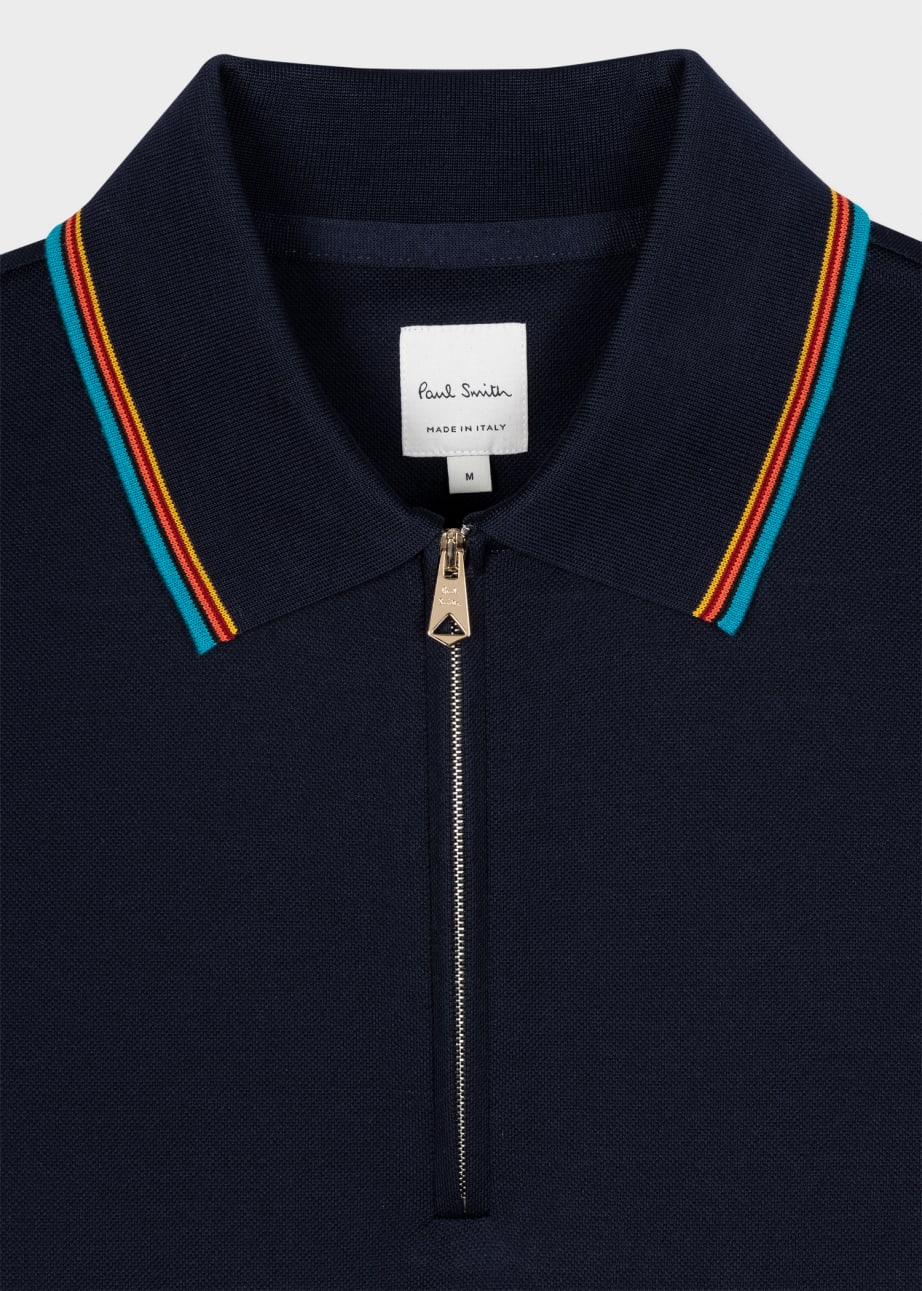 Product view - Navy Cotton 'Signature Stripe' Trim Zip Polo Shirt