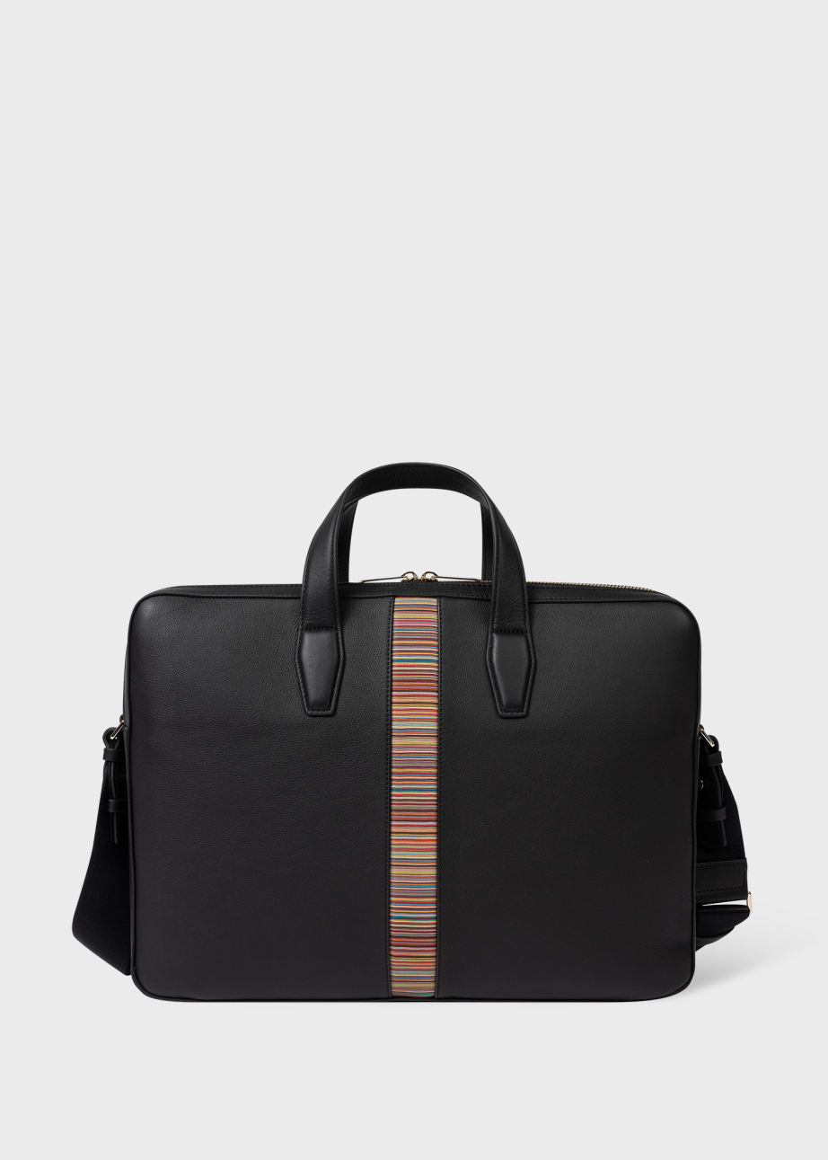 Front View - Black Leather 'Signature Stripe' Business Folio Paul Smith