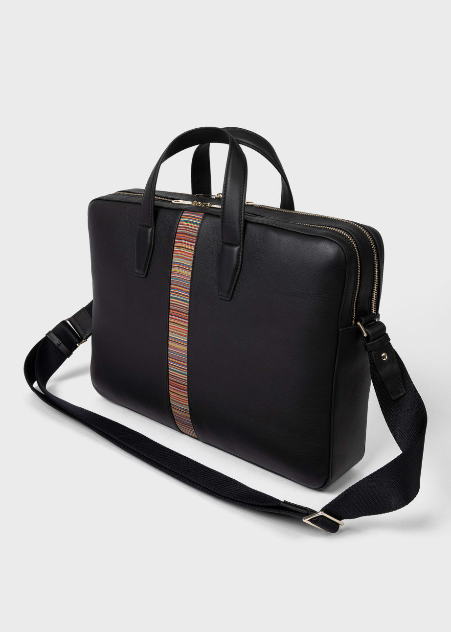 Detail View - Black Leather 'Signature Stripe' Business Folio Paul Smith