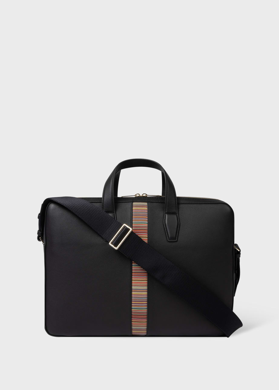 Detail View - Black Leather 'Signature Stripe' Business Folio Paul Smith