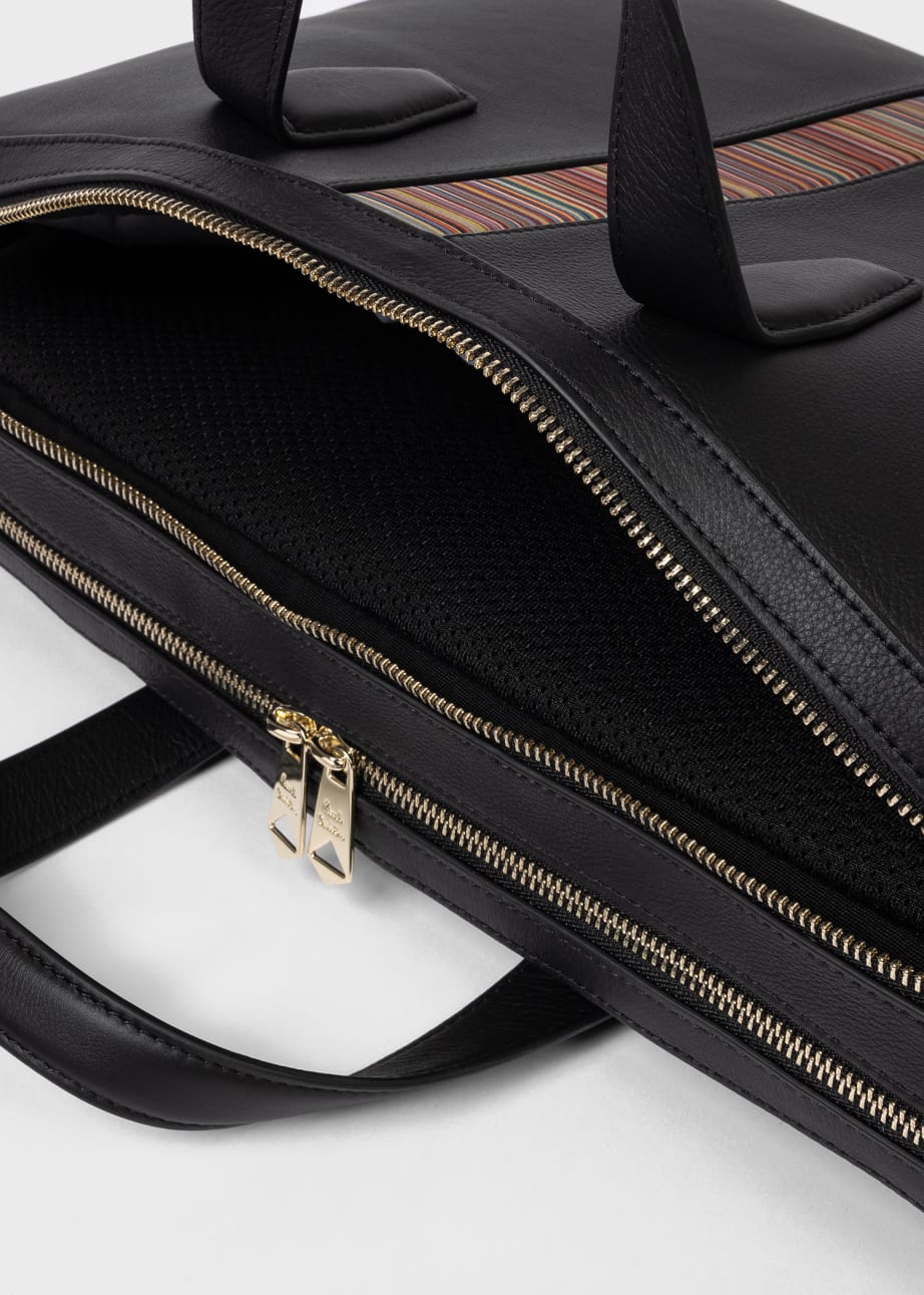 Detail View - Black Leather 'Signature Stripe' Business Folio Paul Smith