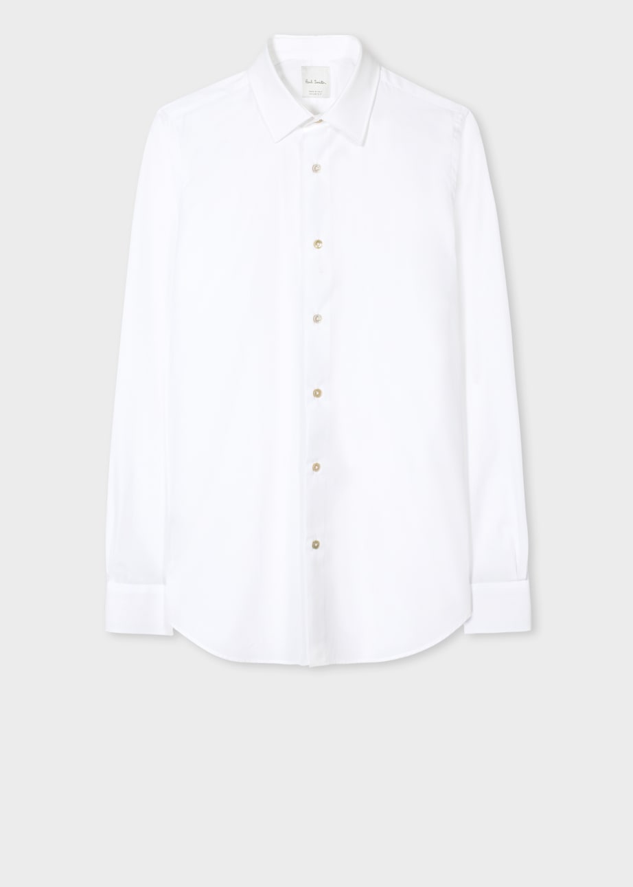 最安挑戦！ Men's Tailored-Fit White 'Signature Stripe' Cuff Shirt トップス