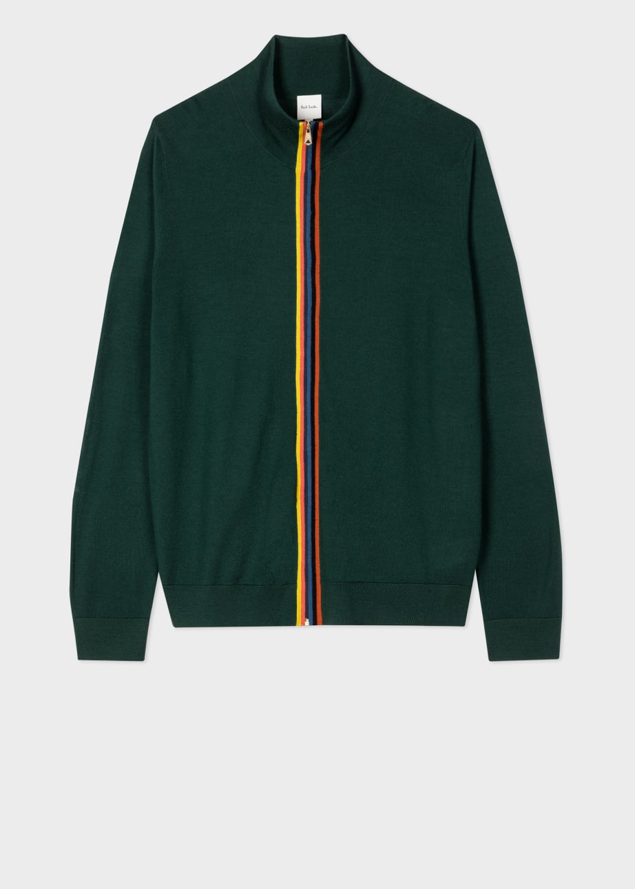 Front View - Racing Green Washable Wool 'Artist Stripe' Zip Cardigan Paul Smith
