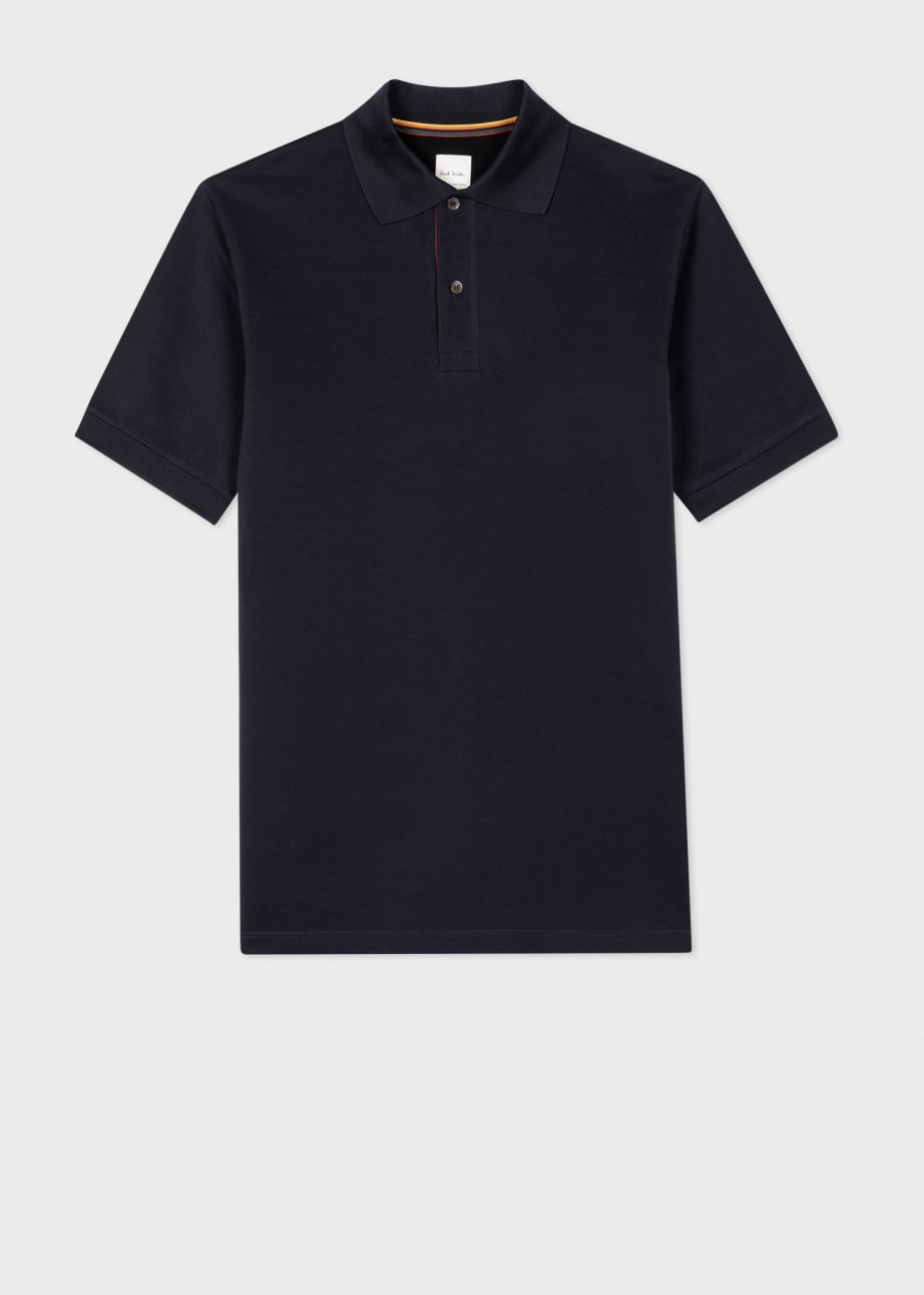 Front View - Navy Cotton 'Artist Stripe' Placket Polo Shirt Paul Smith