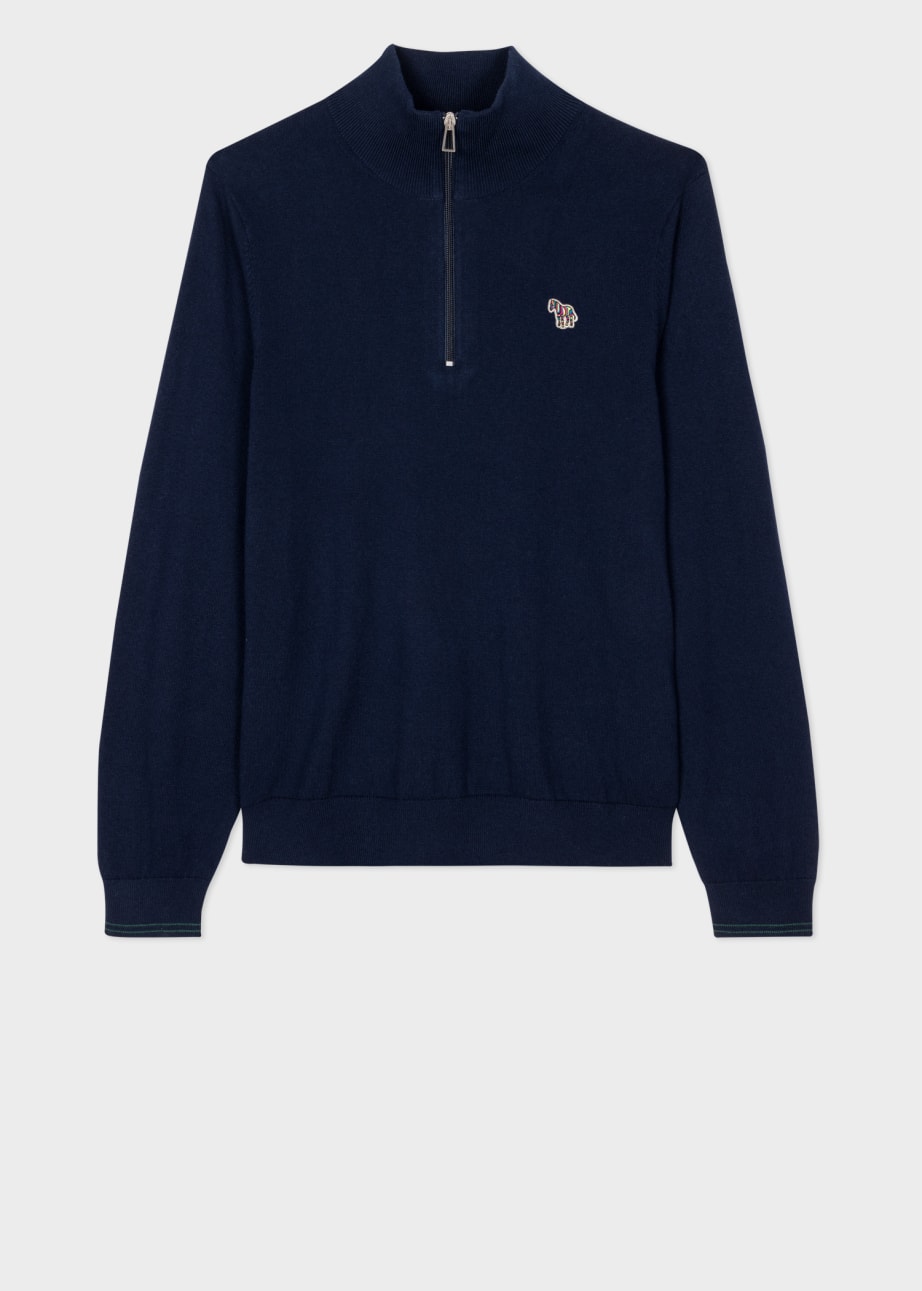 Front View - Navy Cotton-Blend Half Zip Zebra Logo Sweater Paul Smith 