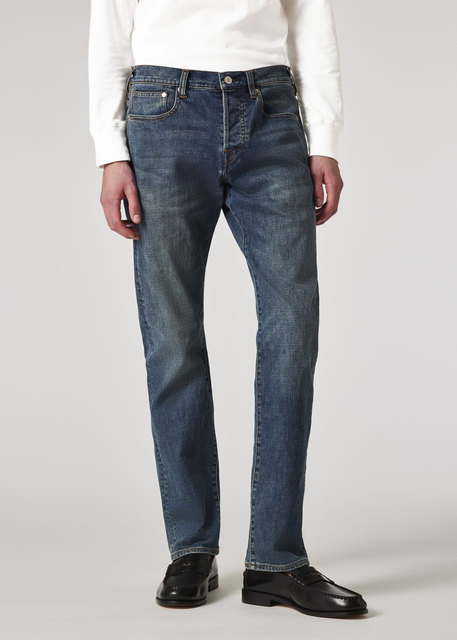 Model View - Standard-Fit 'Crosshatch Stretch' Blue Over-Dye Jeans Paul Smith