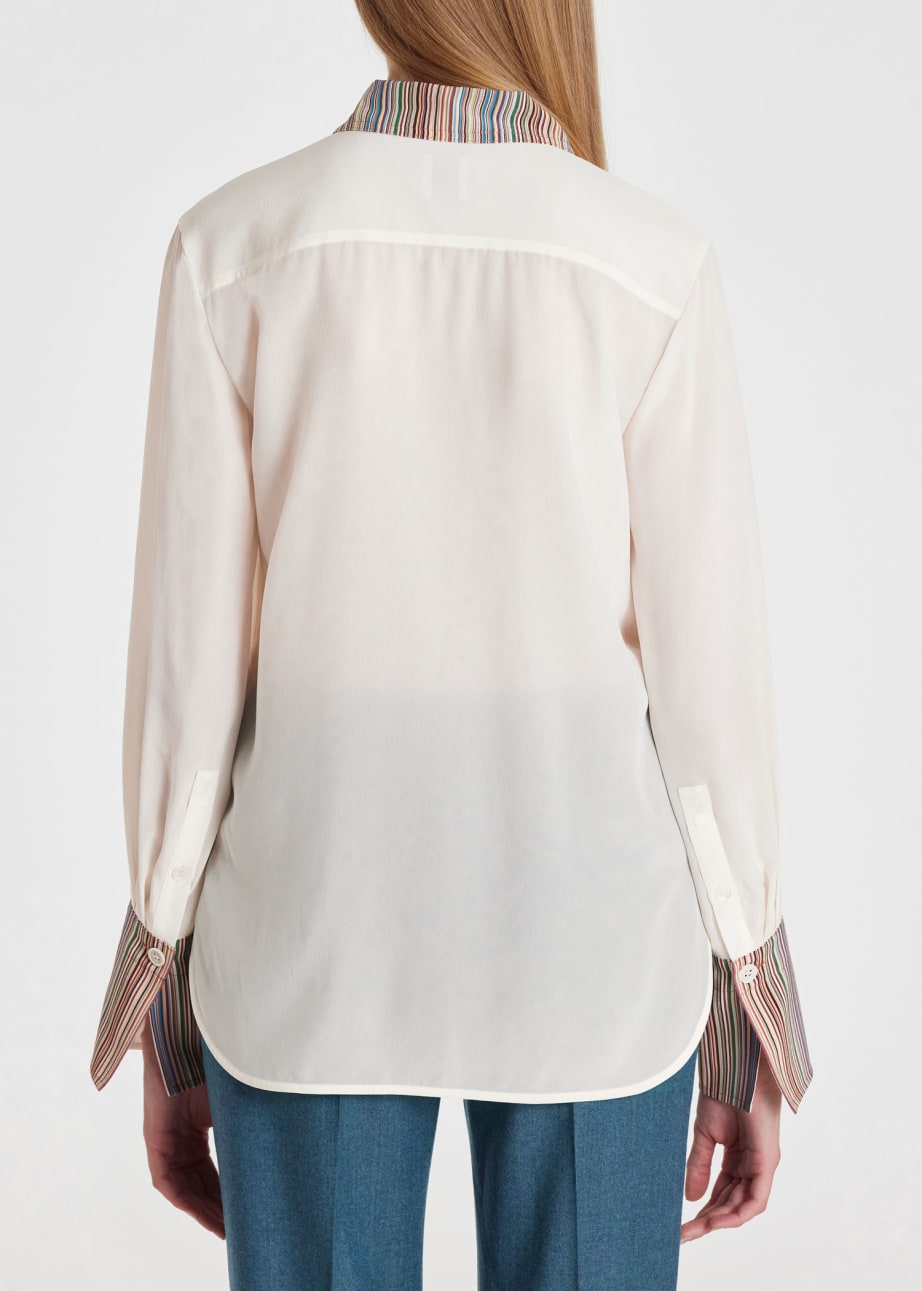 Model View - Women's Ivory Silk 'Signature Stripe' Long-Sleeve Shirt by Paul Smith