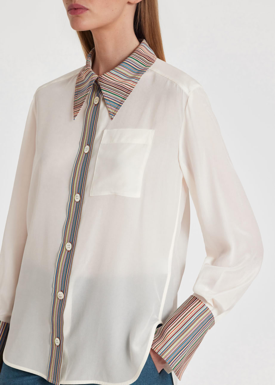 Model View - Women's Ivory Silk 'Signature Stripe' Long-Sleeve Shirt by Paul Smith
