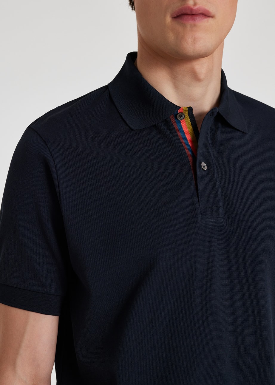 Model View - Navy Cotton 'Artist Stripe' Placket Polo Shirt Paul Smith