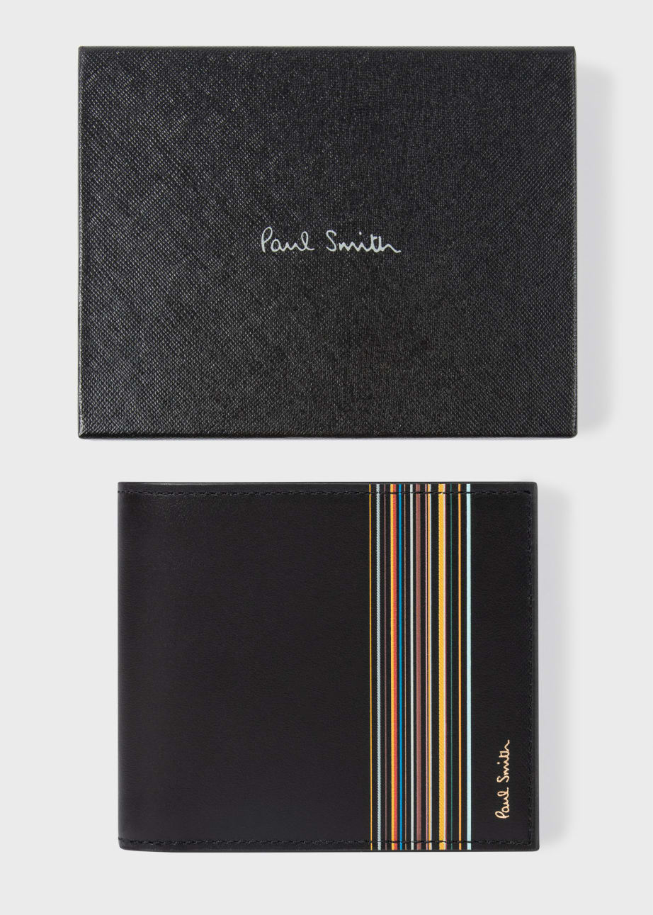 Front View - Black Leather 'Signature Stripe Block' Billfold Wallet Paul Smith