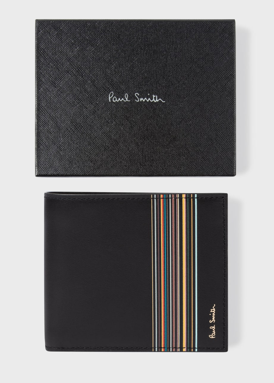 Front View - Black 'Signature Stripe Block' Billfold And Coin Wallet Paul Smith